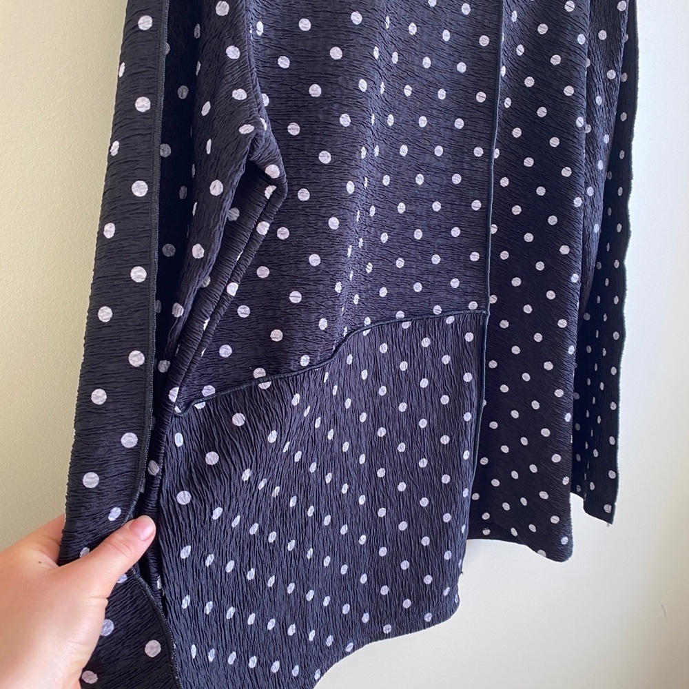 Periwinkle Polka Dot Art to Wear Patchwork Uneven Hemline Long Sleeve Top - Picture 2 of 5